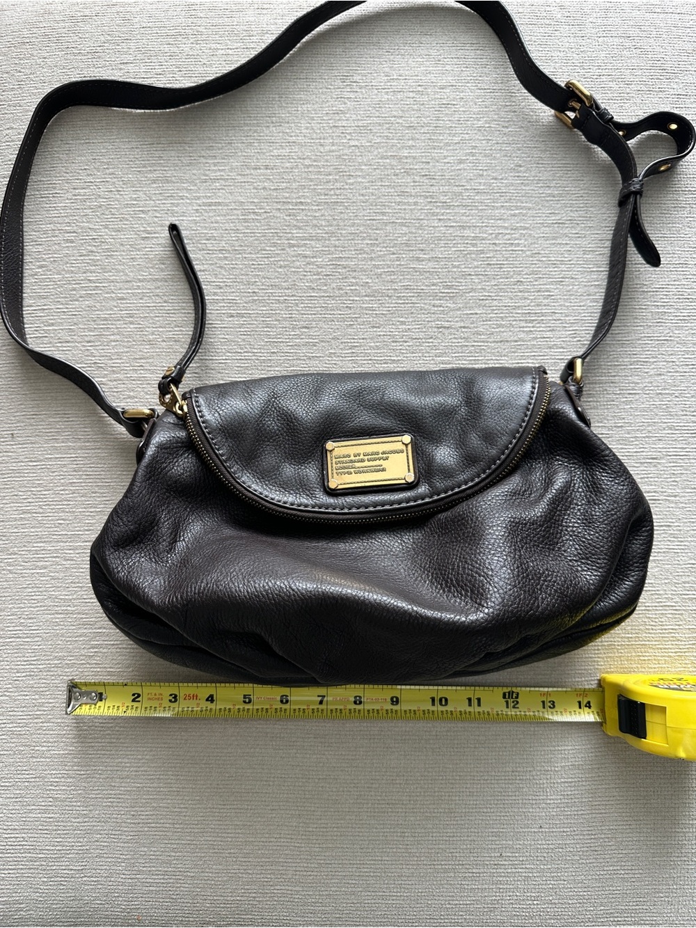 Marc By Marc Jacobs Black Pebbled Leather Flap Crossbody with Gold Plaque